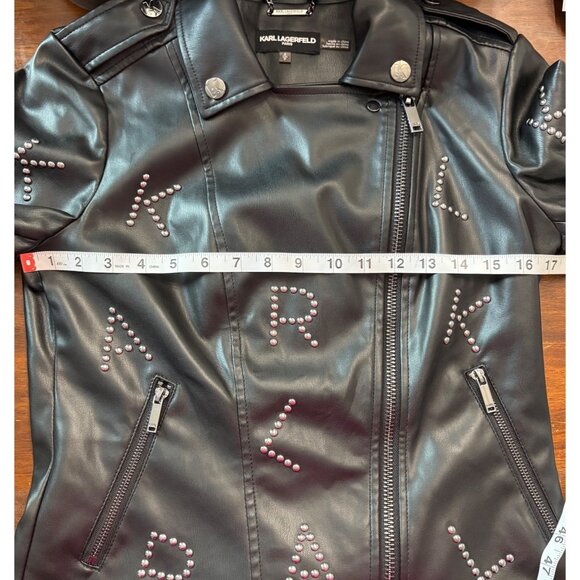 Karl Lagerfeld Paris Black Faux Leather Studded Moto Jacket Logo Detailing SizeS - Picture 13 of 16